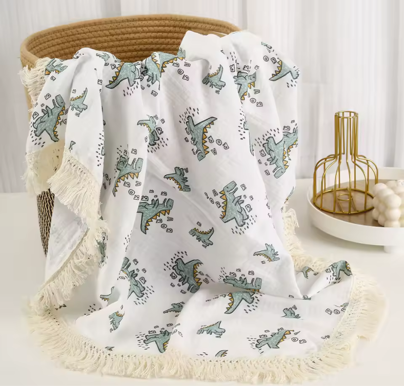 Dinosaur tassel muslin blanket