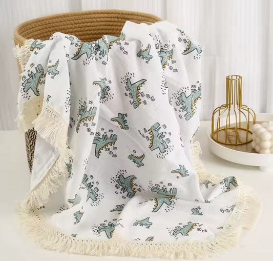 Dinosaur tassel muslin blanket