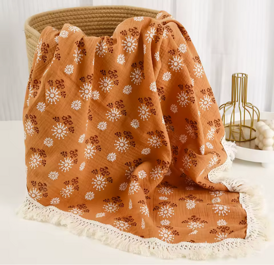Orange flower tassel muslin blanket