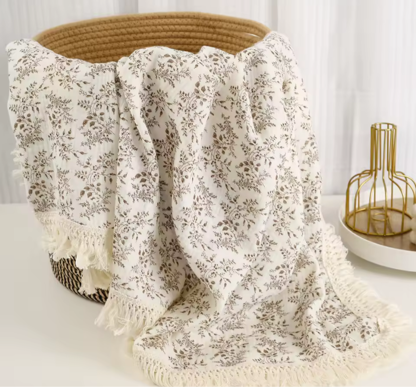 Khaki flowers tassel muslin blanket