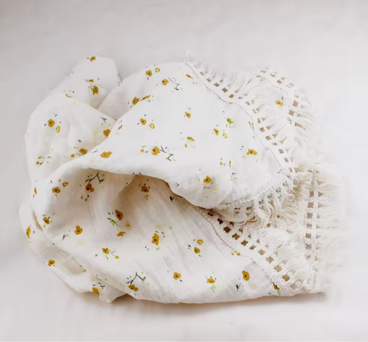 Yellow flowers tassel muslin blanket
