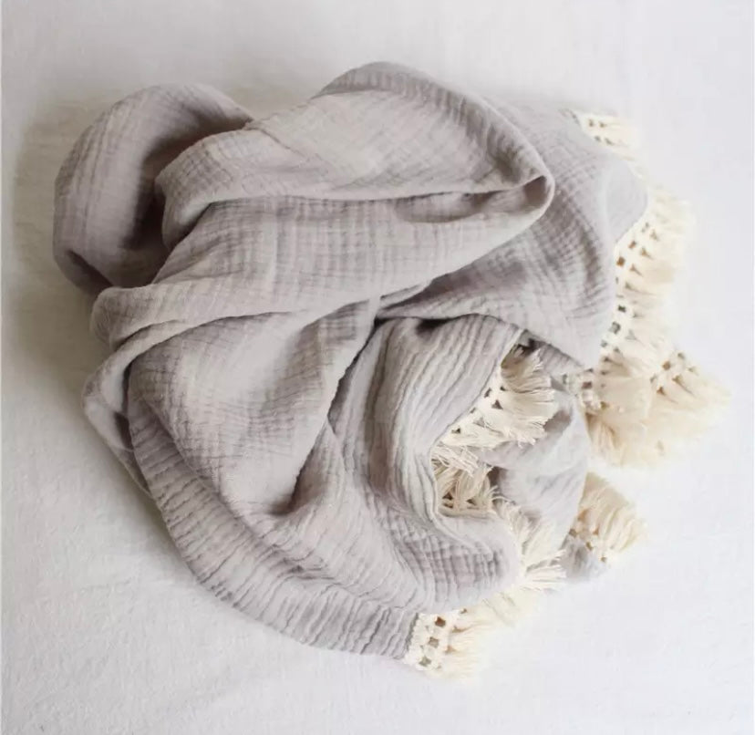 Grey tassel muslin blanket