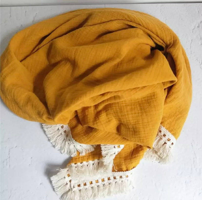 Mustard tassel muslin blanket